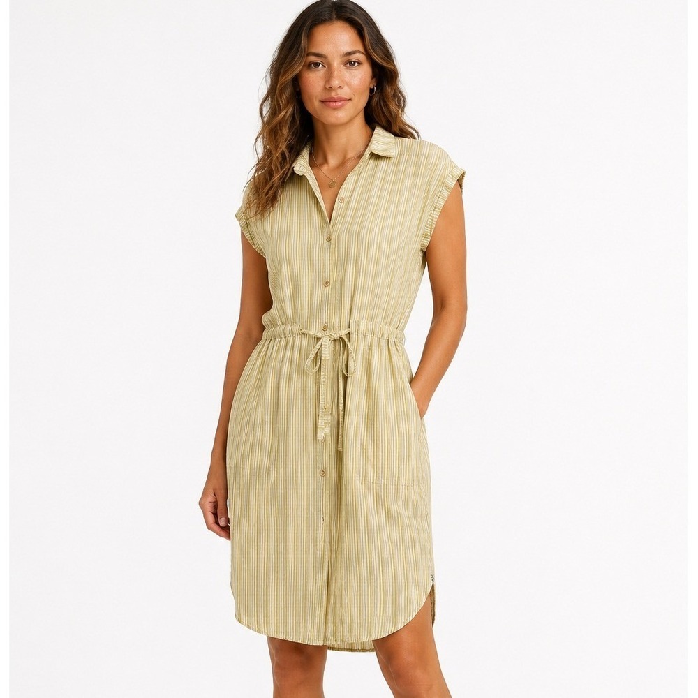 Rhythm Mustard Yellow White Striped Cotton Button Front Midi Shirt Dress M